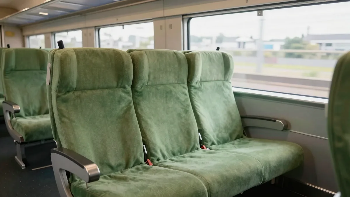 新幹線グリーン車の広々とした2列+2列配置の座席。落ち着いた車内の雰囲気