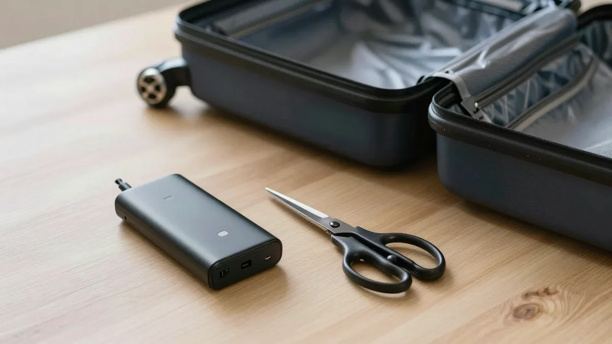 開いたスーツケースの手前に置かれたモバイルバッテリーとはさみ