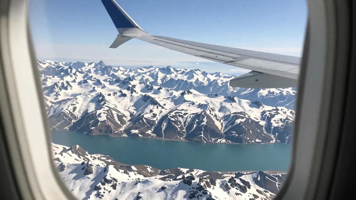 飛行機の窓から見える雪山と湖、主翼の一部