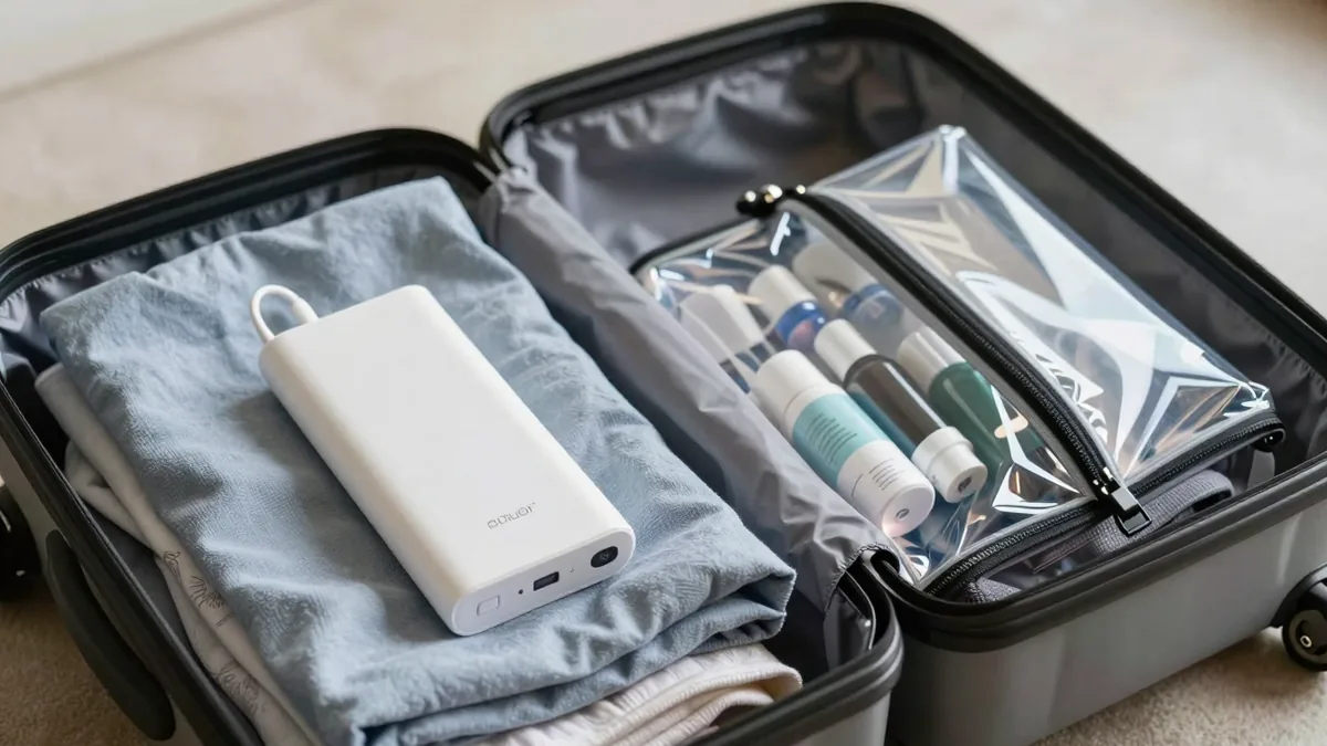 衣類とモバイルバッテリー、透明ポーチを詰めたスーツケース