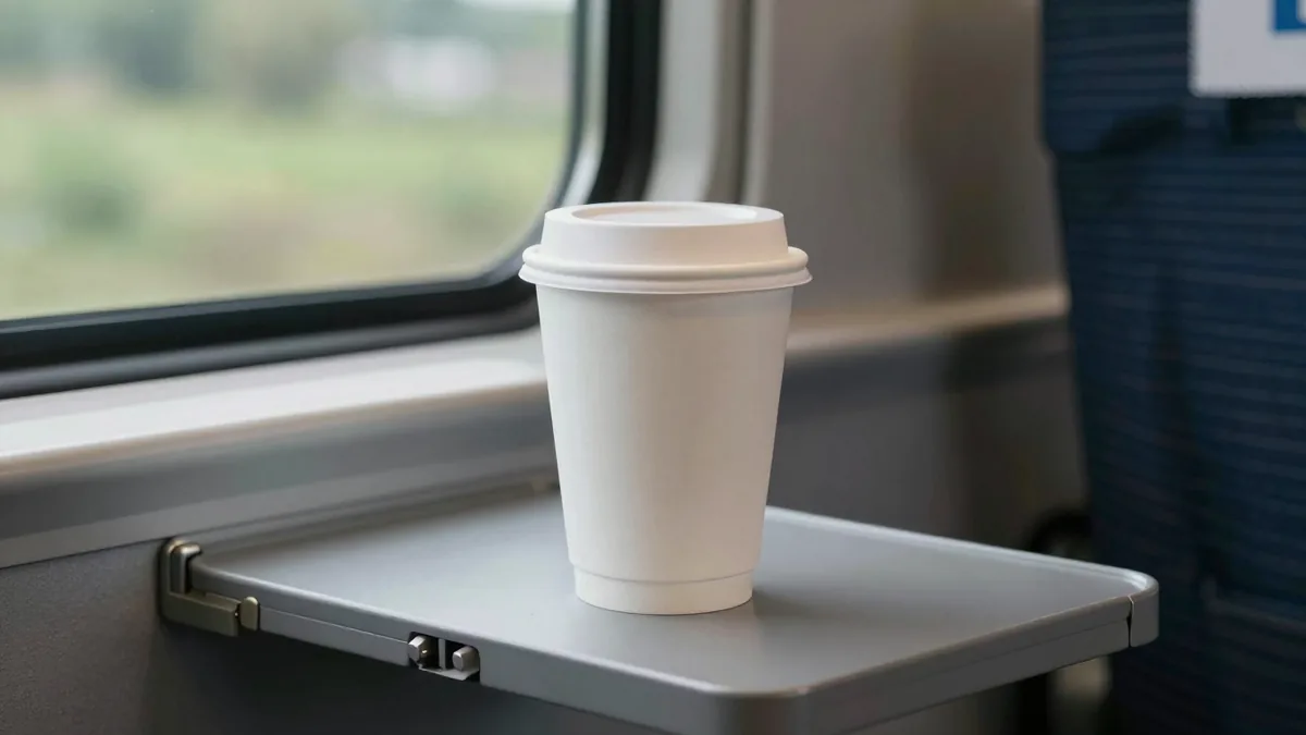 列車の座席テーブルに置かれた、ふた付きの白い紙コップ
