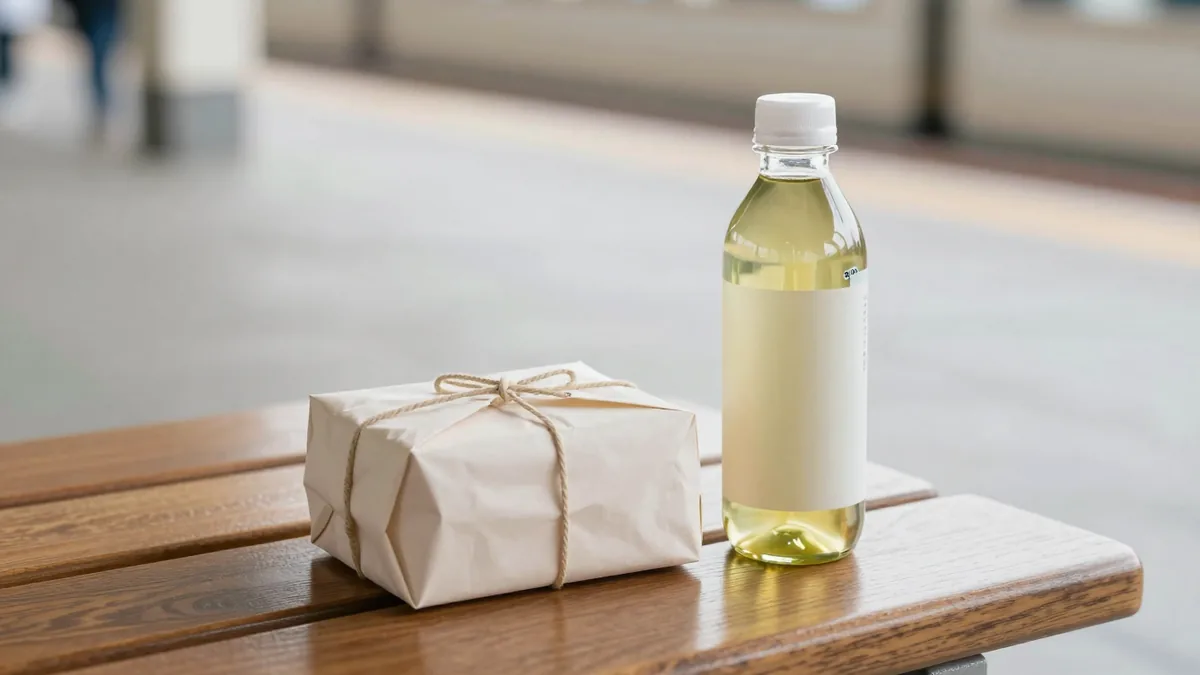 駅のベンチに置かれた、紙で包んだ弁当箱とラベルのない飲み物のボトル